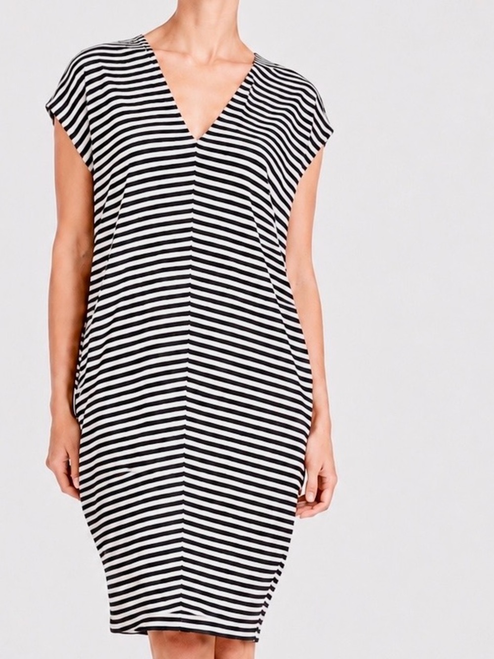 MORGANE LE FAY Cotton Black & White Striped Knit V-Neck Comfy Midi Dress